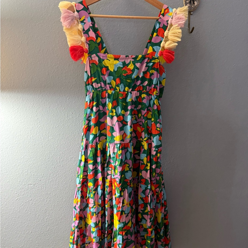 J. Crew Multicolor Floral Tiered Dress with Pom-Strap Detail